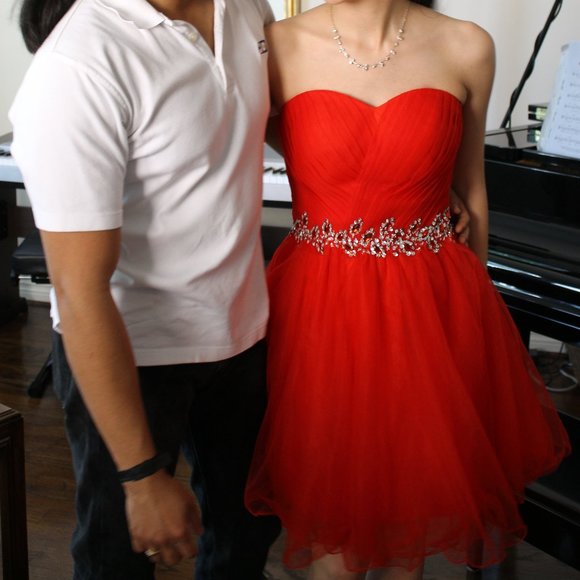 Red A-Line Strapless Sweetheart Corset Back Dress with Beading - Picture 2 of 8